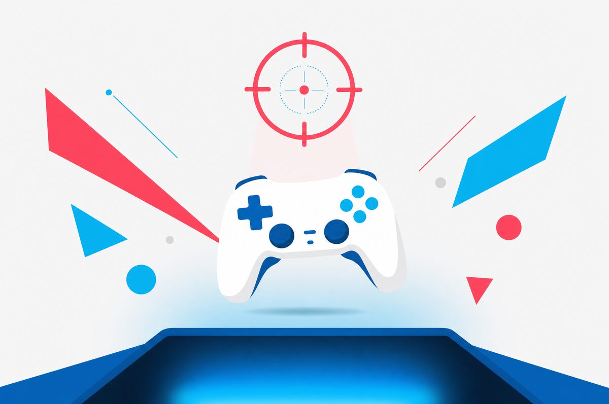Stilisierte Illustration: Gamepad und Zielkreuz über einem leuchtenden Bildschirm