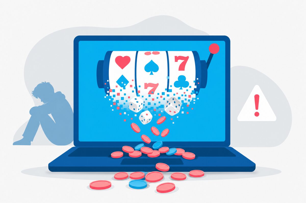 Stilisierte Illustration: Slot-Walzen und Würfel lösen sich in fallende Chips auf
