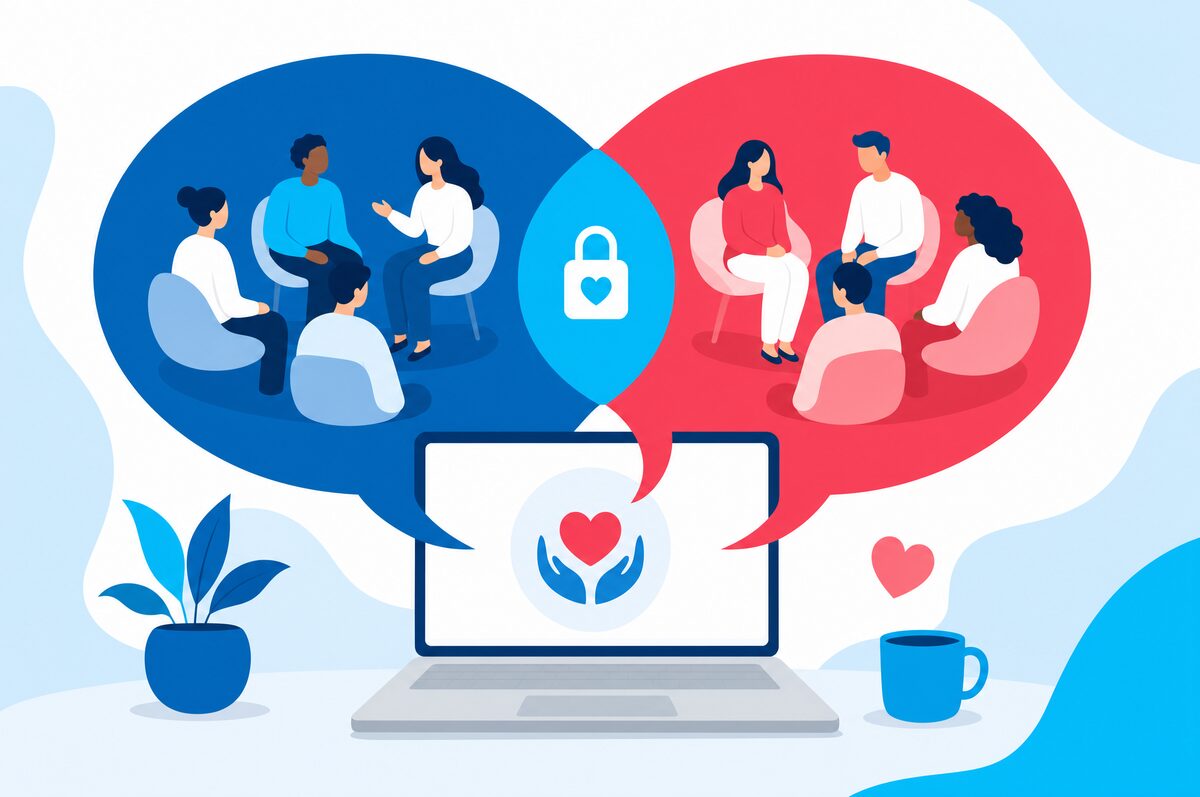 Illustration: zwei Sprechblasen über einem Laptop als Symbol für die virtuelle Selbsthilfegruppe