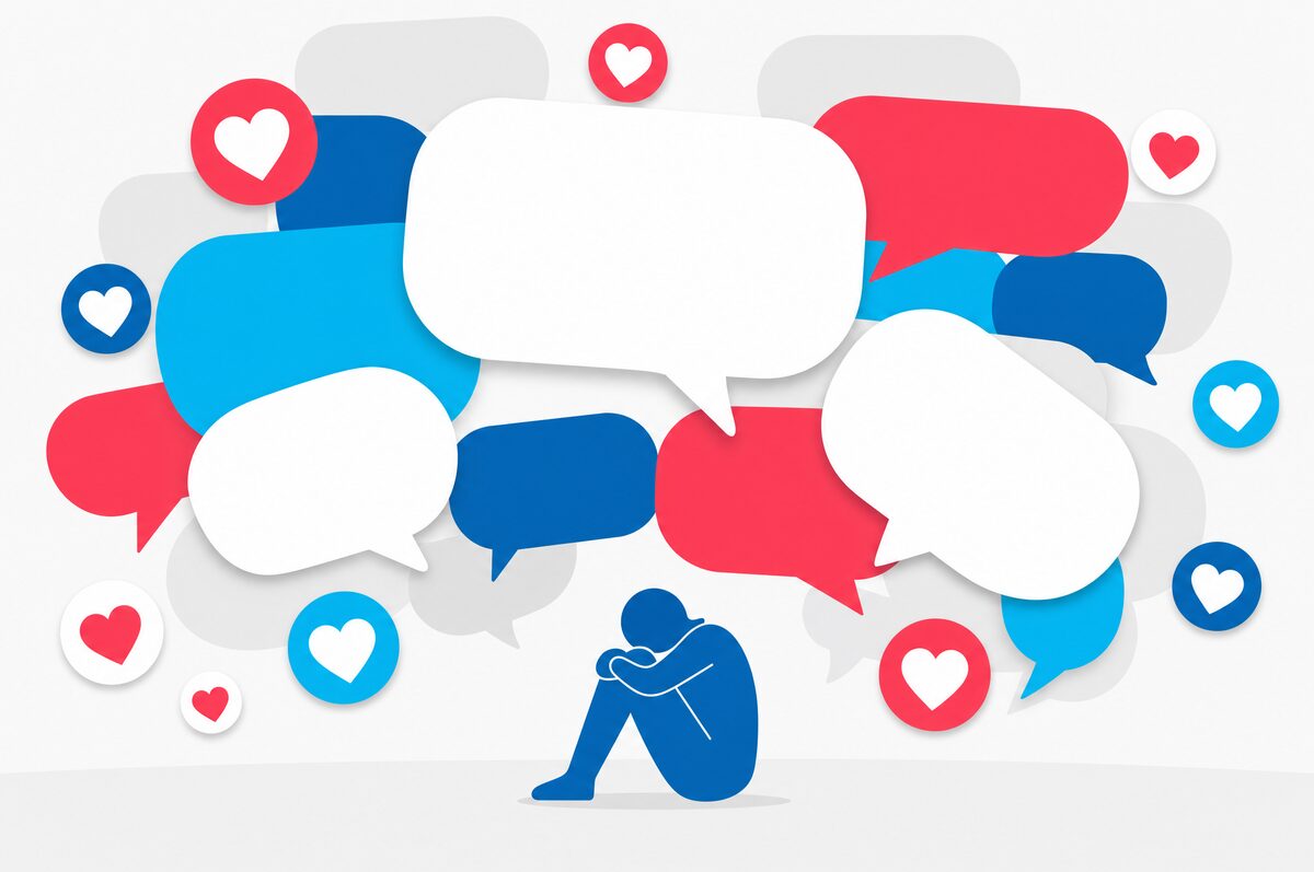 Illustration: Sprechblasen und Like-Symbole um eine Silhouette